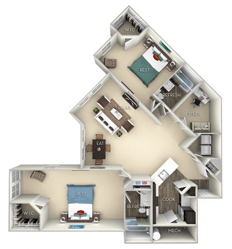 Floor plan for 2 beds, 2 baths, 1200 sqft
